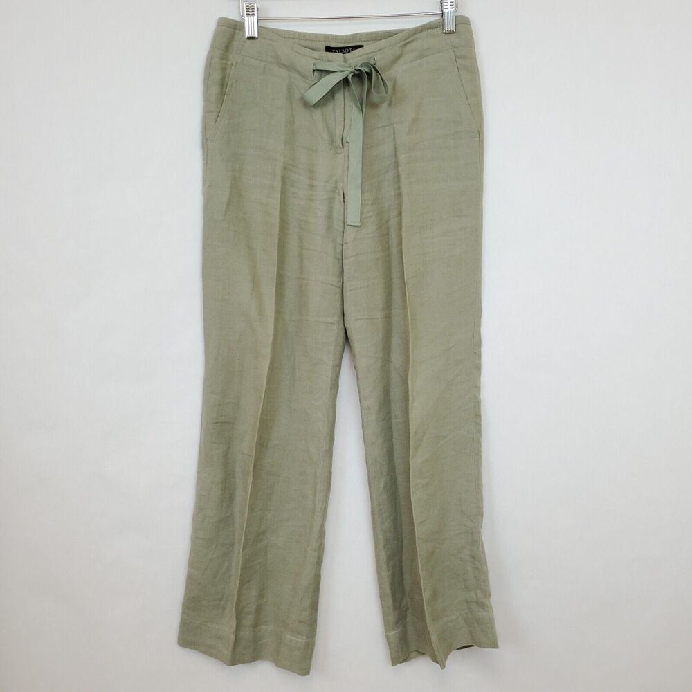 Talbots Pants Womens 4 Petite Linen Wide Leg Drawstring Green Beachy